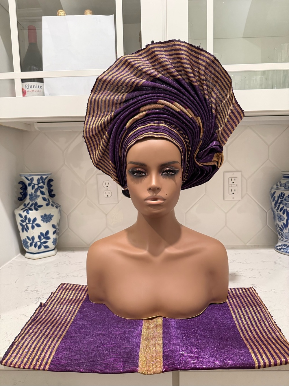 Purple Striped Traditional African Aso-Oke Auto Gele 2p Set Gele and Ipele